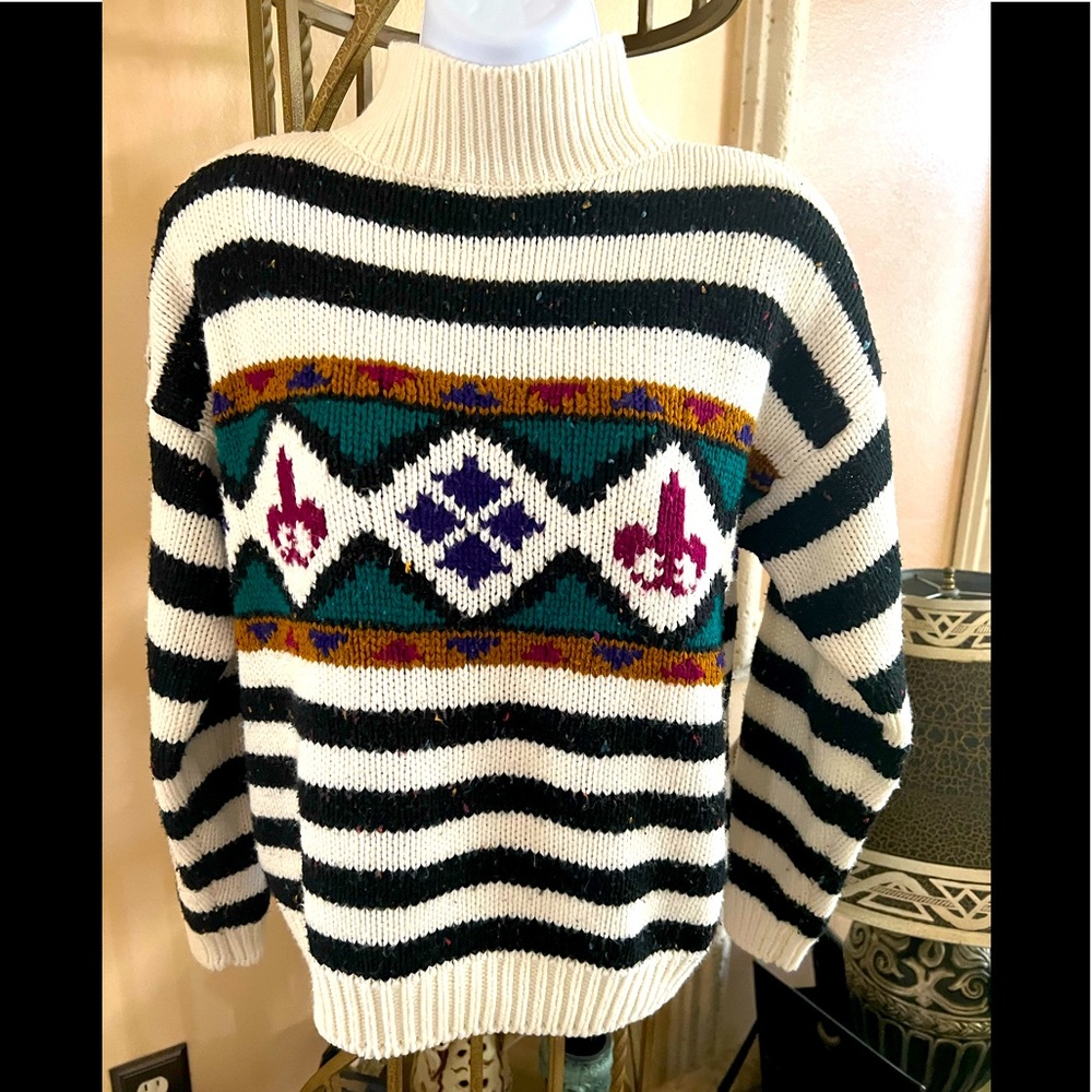 Vintage Spice Of Life Striped and Geo Pattern Turtleneck Padded Shoulders